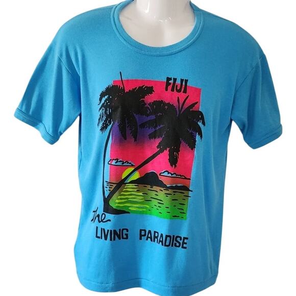 Vintage 1980's Acme Fiji The Living Paradise Blue Short Sleeve T-shirt Men's Med - Picture 1 of 7